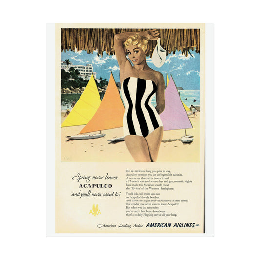Vintage Acapulco travel poster featuring a smiling woman in a black and white striped swimsuit, colorful sailboats on a blue sea, palm trees, a beach resort in the background, under a clear sky with text promoting Acapulco vacations by American Airlines.