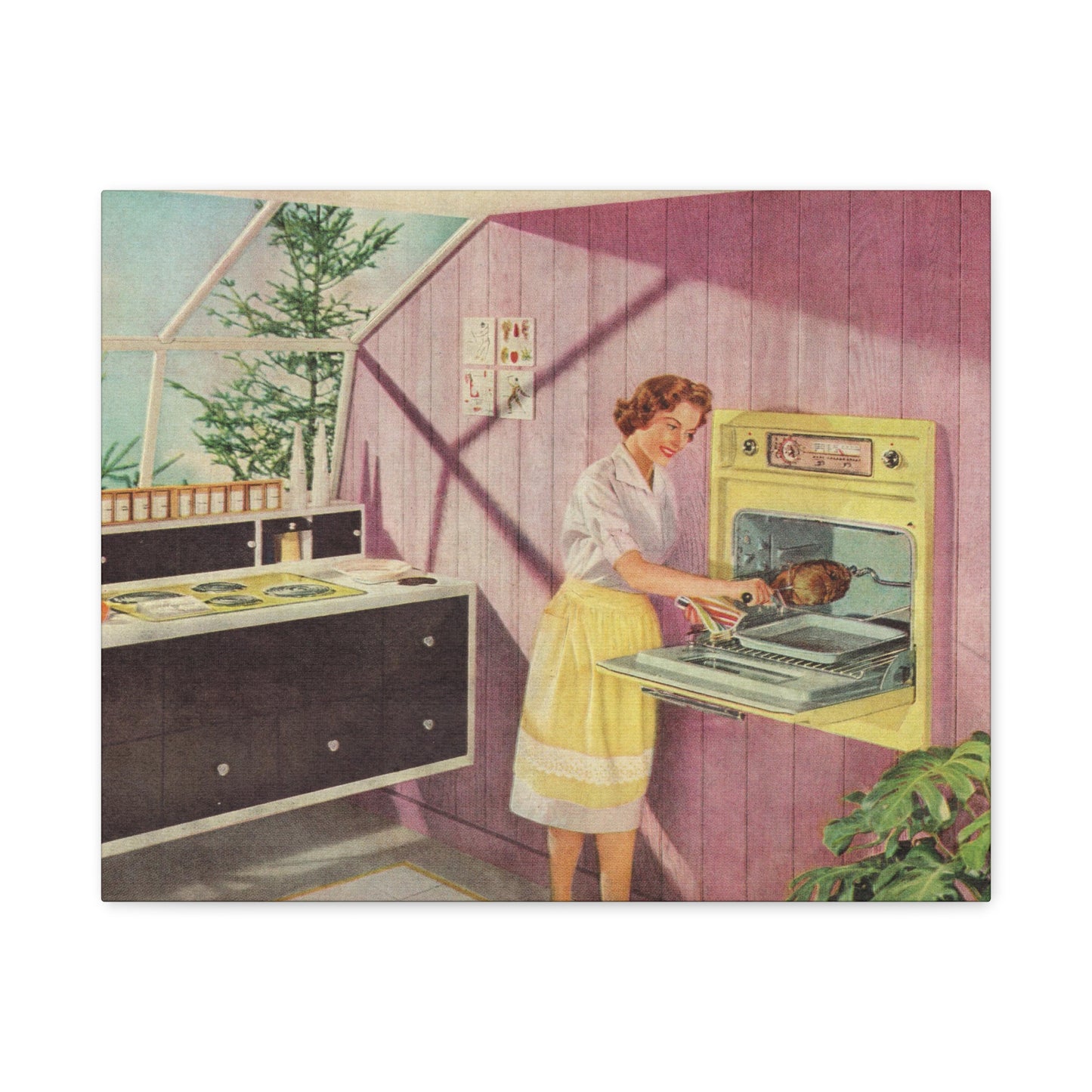 Woman in a 1950s kitchen removing roast from a vintage yellow oven.