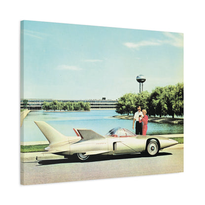 Futuristic concept car with a sleek design in front of a 1950s modernist building and lush greenery.