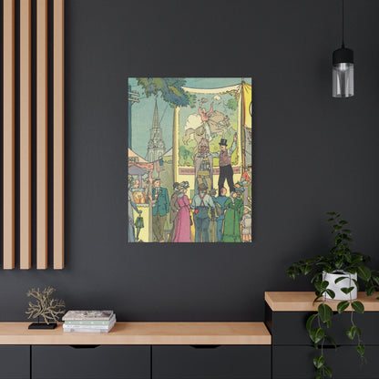 Vintage Parisian Street Scene Canvas Print with Puppeteer and Eiffel Tower-CropsyPix