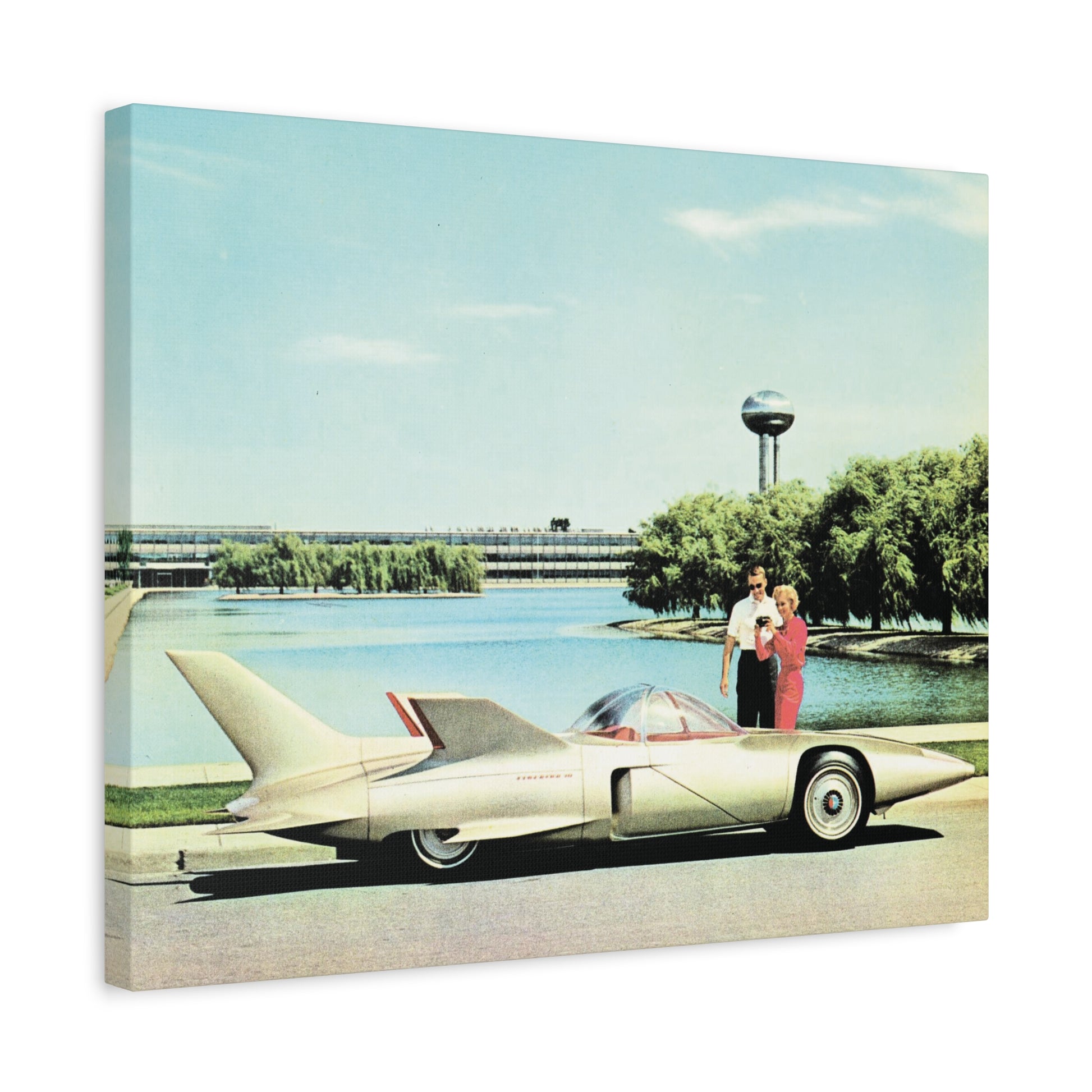 Futuristic concept car with a sleek design in front of a 1950s modernist building and lush greenery.