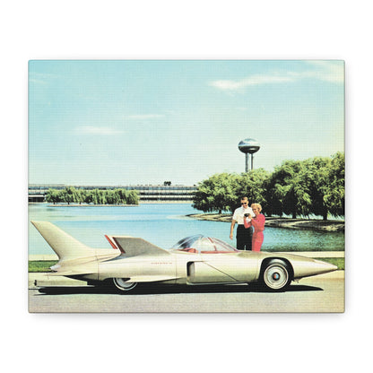 Futuristic concept car with a sleek design in front of a 1950s modernist building and lush greenery.