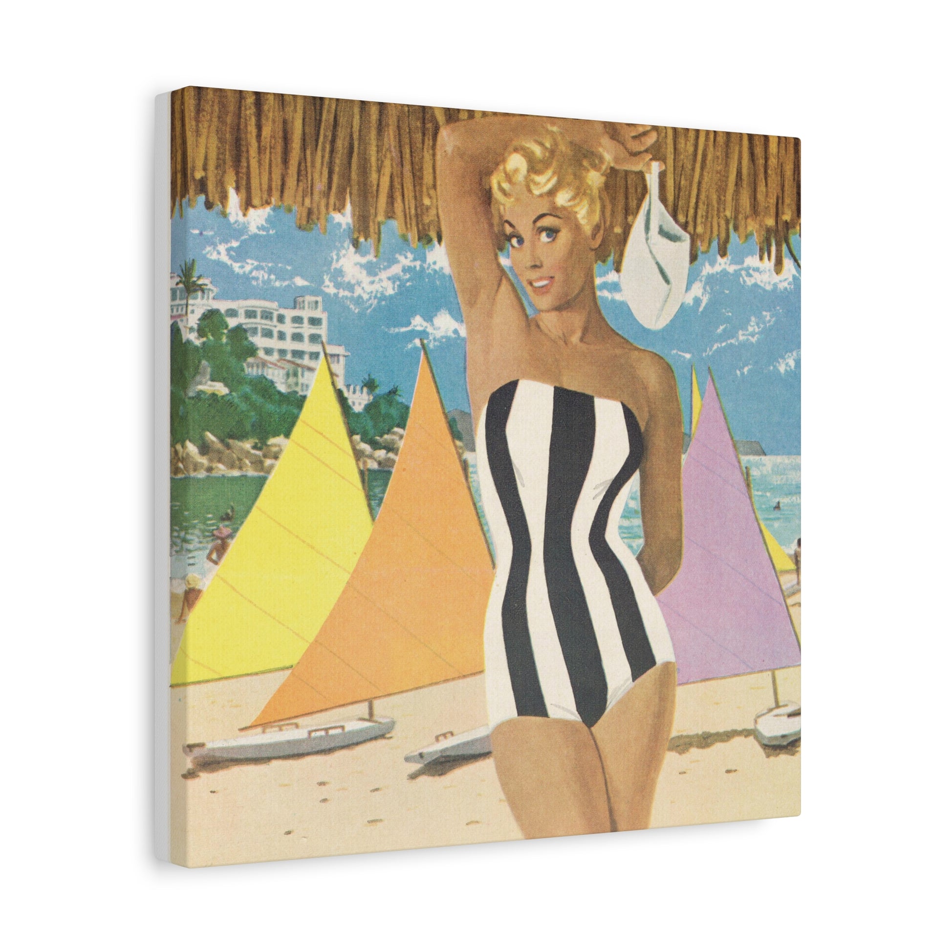 Vintage 1950s beach scene canvas featuring a woman in a black and white striped swimsuit, holding a white sun hat, with colorful sailboats on the shore and a coastal resort in the background, evoking a nostalgic summer vacation vibe.