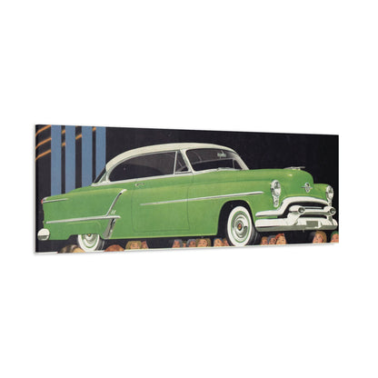 Sleek 1953 Oldsmobile 88 in vibrant green, with chrome details and white wall tires, parked in a picturesque setting