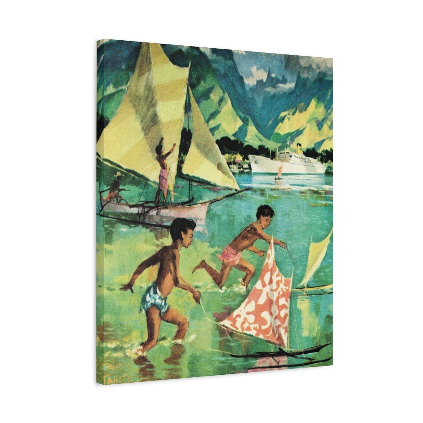 Tahitian children playing and sailing on traditional boats with a mountainous backdrop.