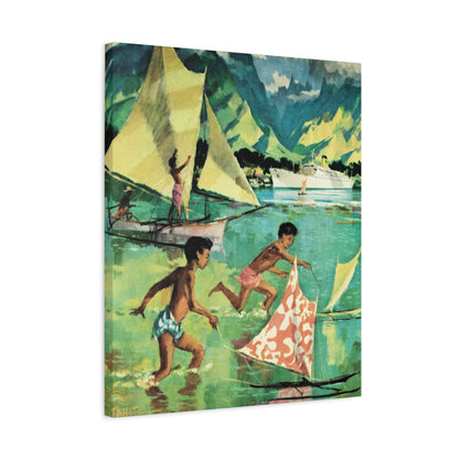 Tahitian children playing and sailing on traditional boats with a mountainous backdrop.