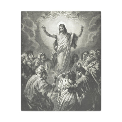 Engraved-style image depicting the Ascension of Jesus Christ with apostles gazing upwards as He rises into the clouds.