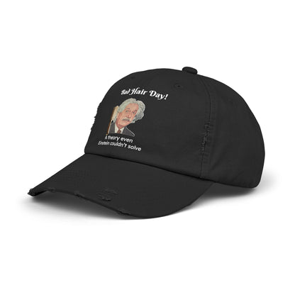 "Bad Hair Day" Einstein Distressed Cap - Humorous Cotton Twill Hat in Black or Stone