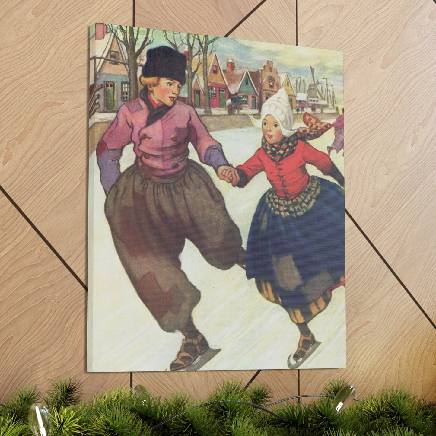 Hans and Gretel Ice Skating Canvas Print - Vintage Dutch Winter Scene Wall Art-CropsyPix