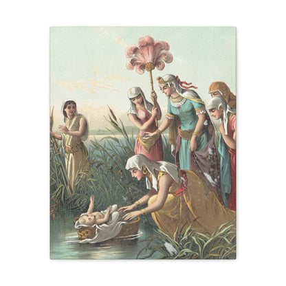 Illustration of baby Moses in a woven basket discovered by a princess among the reeds of the Nile River, with attendants watching.