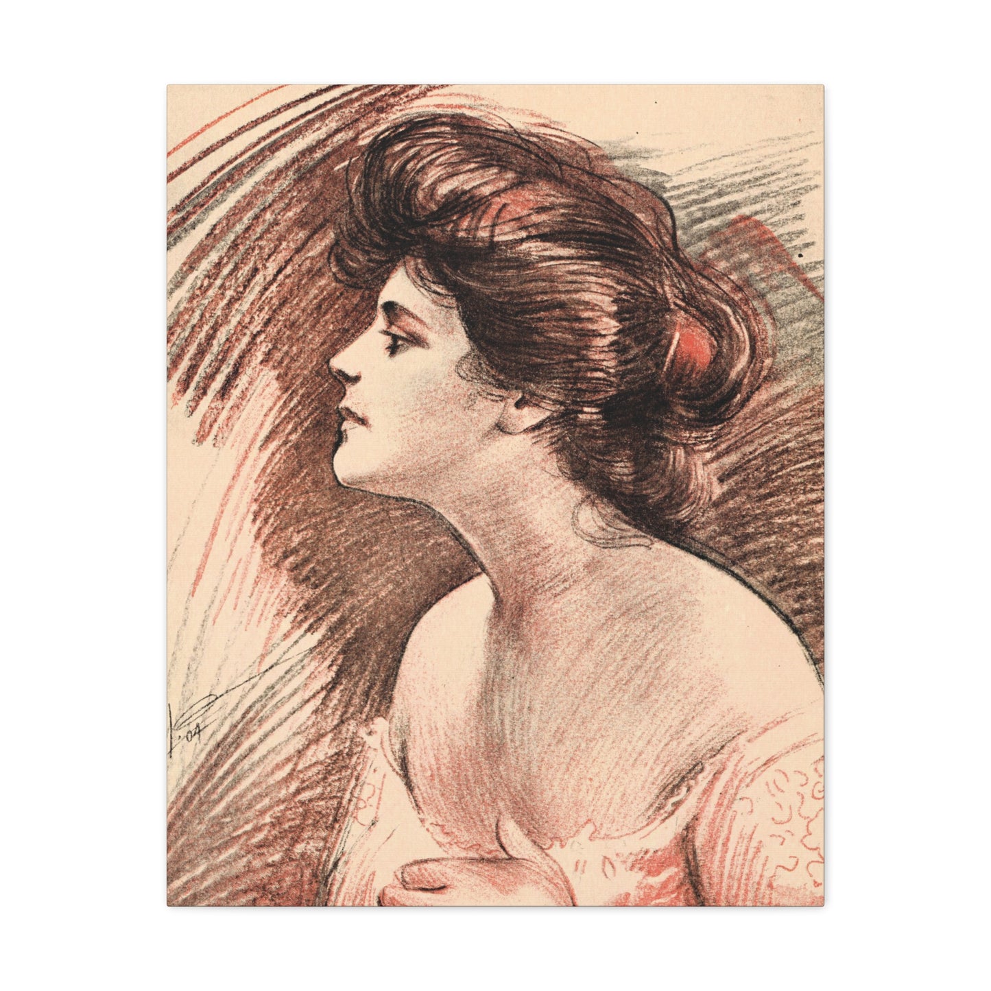 1920s elegant lady profile canvas art, warm red and brown tones, vintage fashion illustration