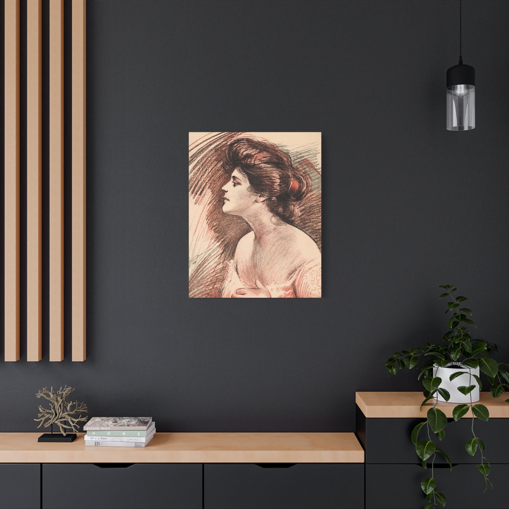 1920s elegant lady profile canvas art, warm red and brown tones, vintage fashion illustration