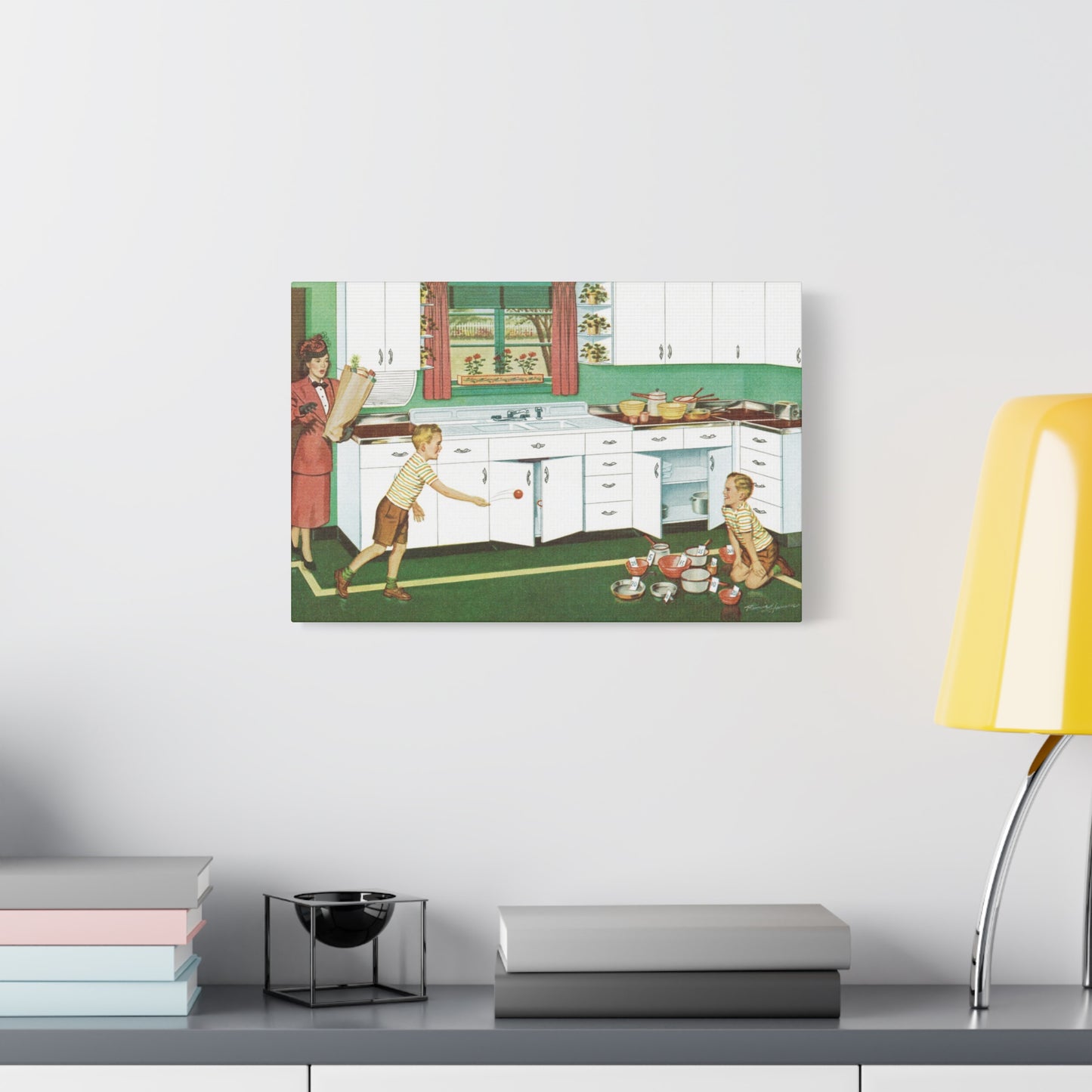 Vintage advertisement canvas of a Youngstown Kitchen with white-enamel steel cabinets, a surprised woman, and children playing.