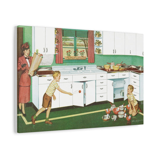 Vintage advertisement canvas of a Youngstown Kitchen with white-enamel steel cabinets, a surprised woman, and children playing.