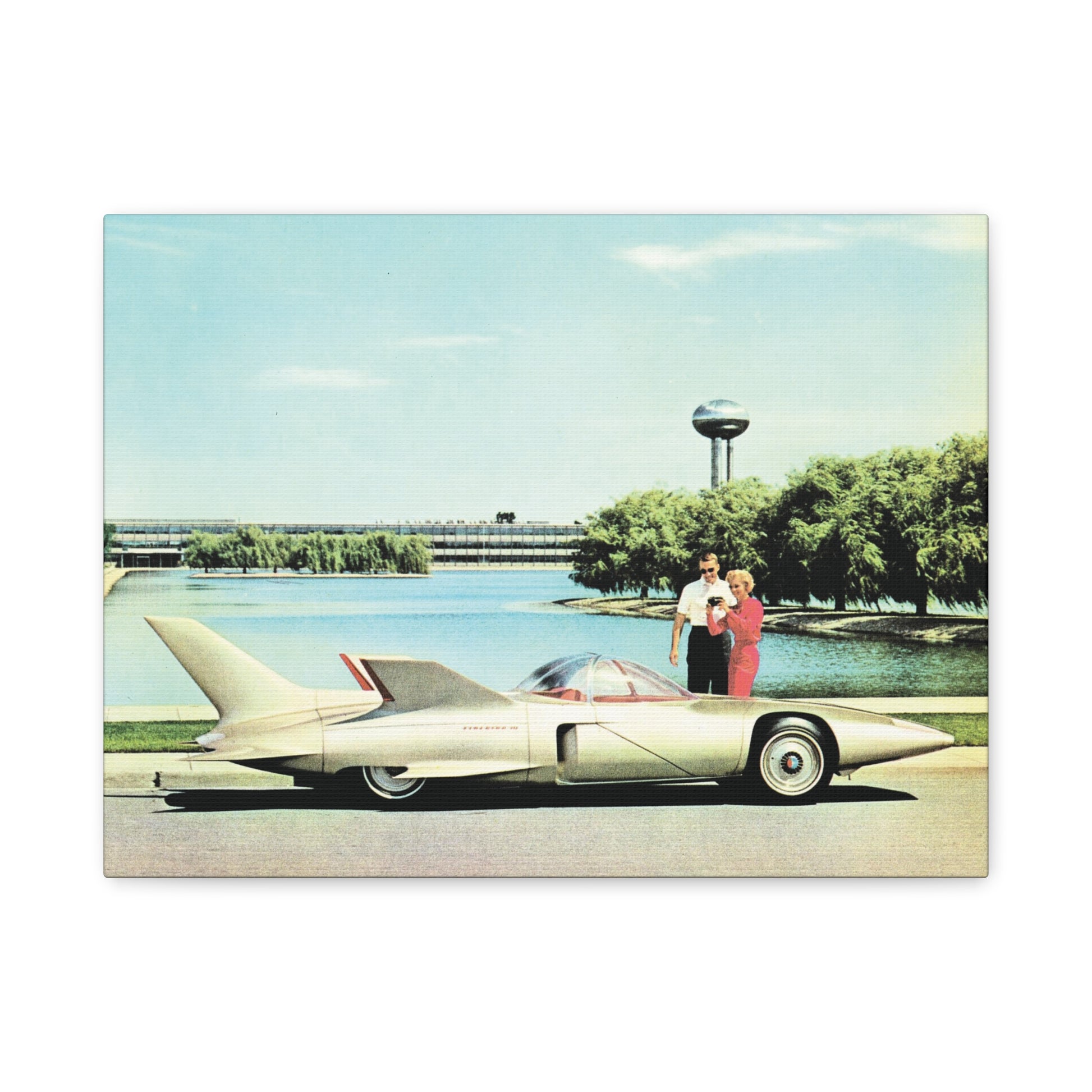 Futuristic concept car with a sleek design in front of a 1950s modernist building and lush greenery.