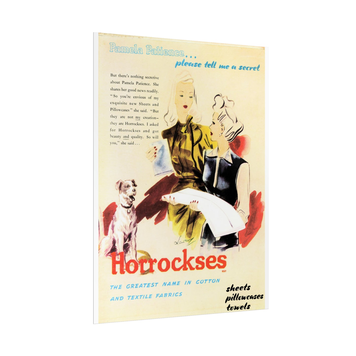 Horrockses Cotton and Textiles: Whispered Secrets Vintage Poster from 1946 - Classic Cotton Comforts Advertising Print, Classic Fashion & Style Wall Art-CropsyPix