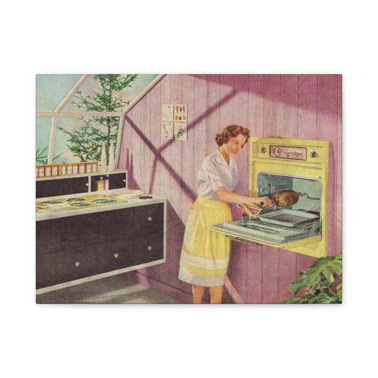 Woman in a 1950s kitchen removing roast from a vintage yellow oven.