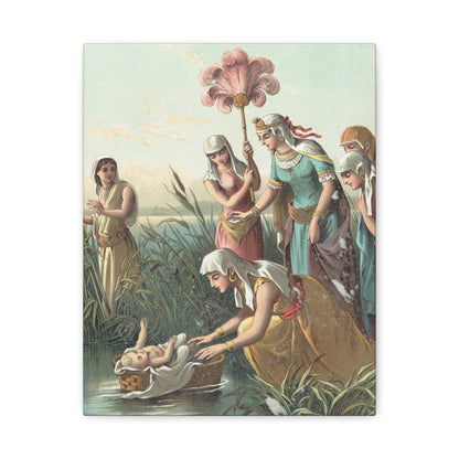 Illustration of baby Moses in a woven basket discovered by a princess among the reeds of the Nile River, with attendants watching.