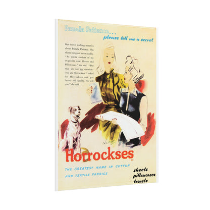 Horrockses Cotton and Textiles: Whispered Secrets Vintage Poster from 1946 - Classic Cotton Comforts Advertising Print, Classic Fashion & Style Wall Art-CropsyPix