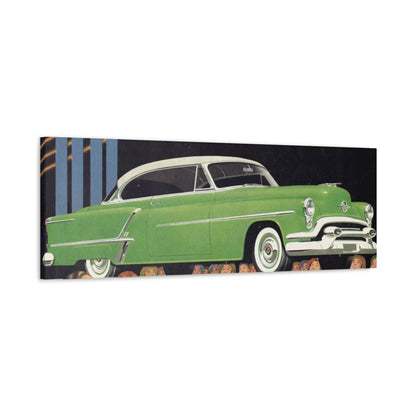 Sleek 1953 Oldsmobile 88 in vibrant green, with chrome details and white wall tires, parked in a picturesque setting