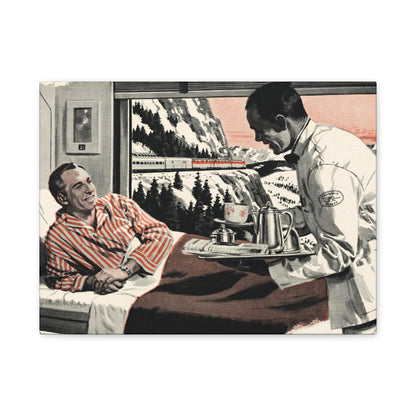 Vintage illustration of a man in a train cabin speaking with a waiter with mountains visible through the window.