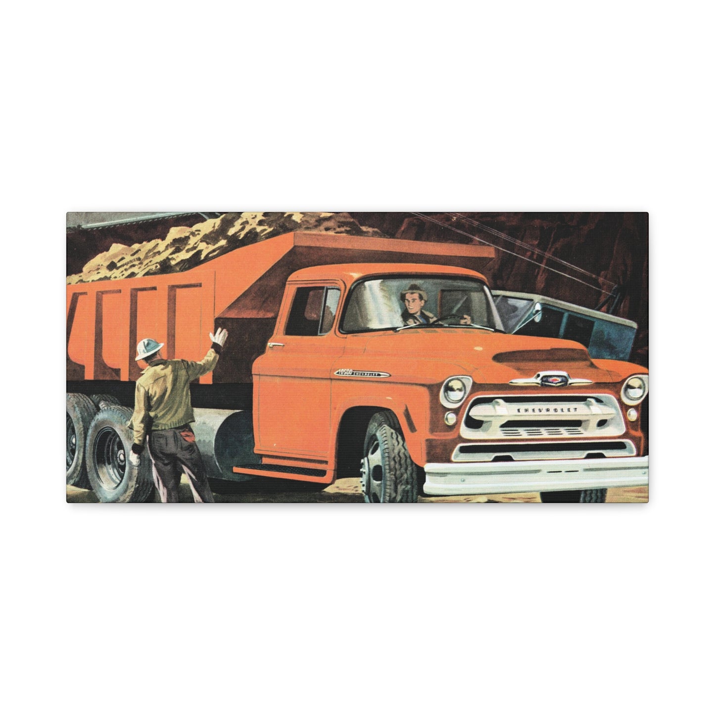 Vintage illustration of a Chevrolet Triple-Torque Tandem truck with two figures, one driving and another guiding.