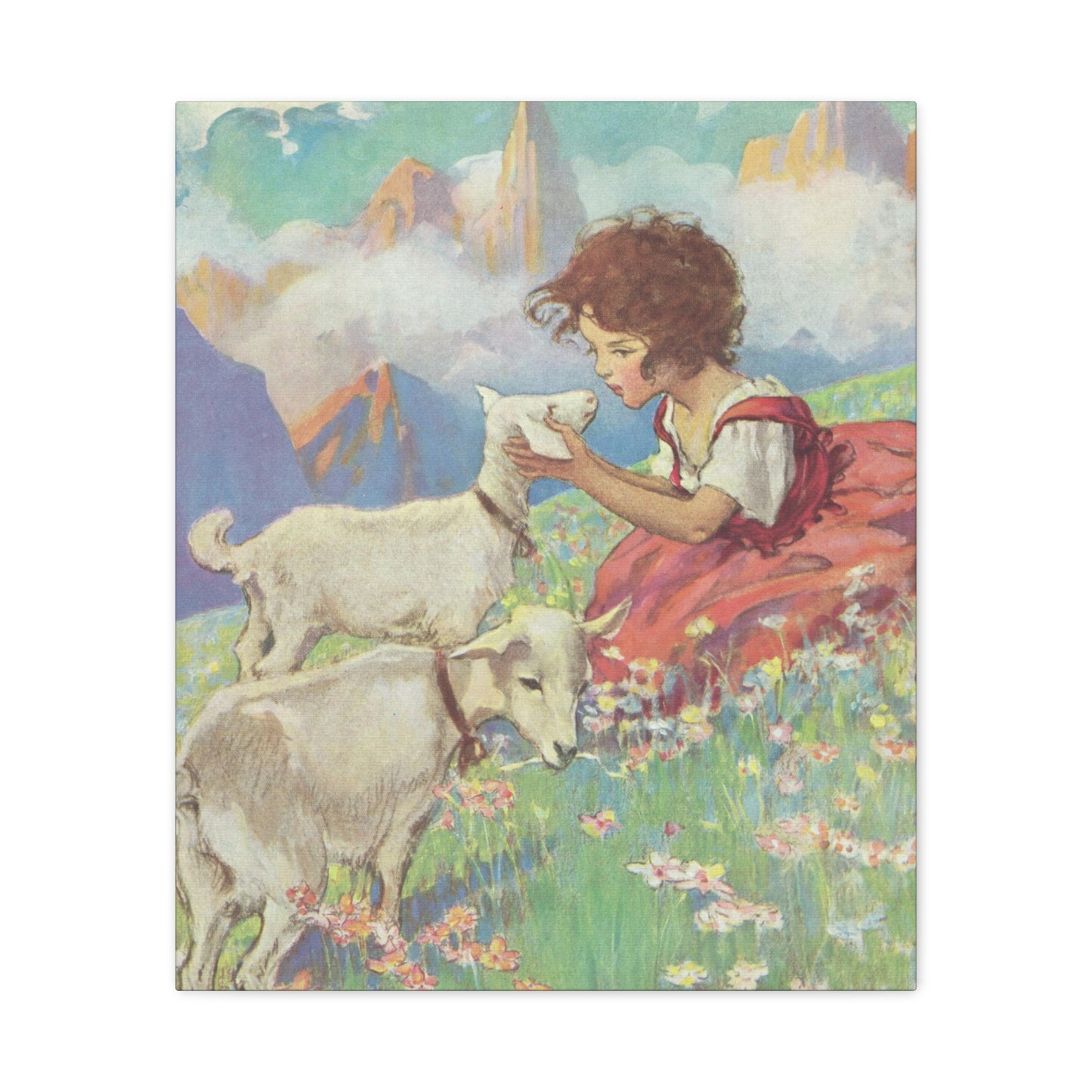 Vintage 1904 "Heidi and Friends" Canvas Print, Pastoral Alpine Scene with Child and Goats-CropsyPix