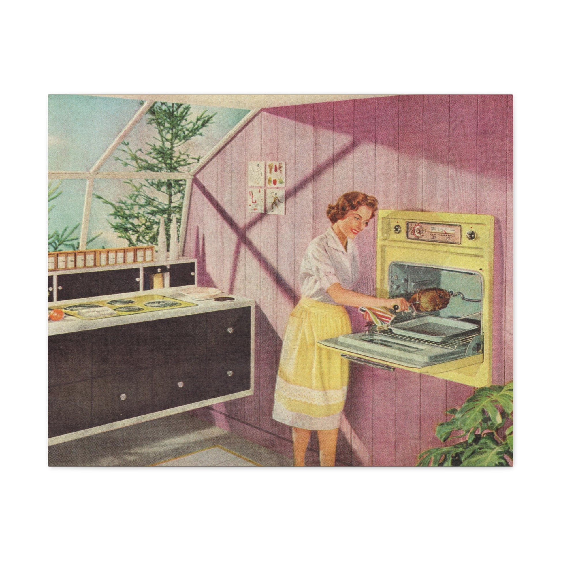 Woman in a 1950s kitchen removing roast from a vintage yellow oven.