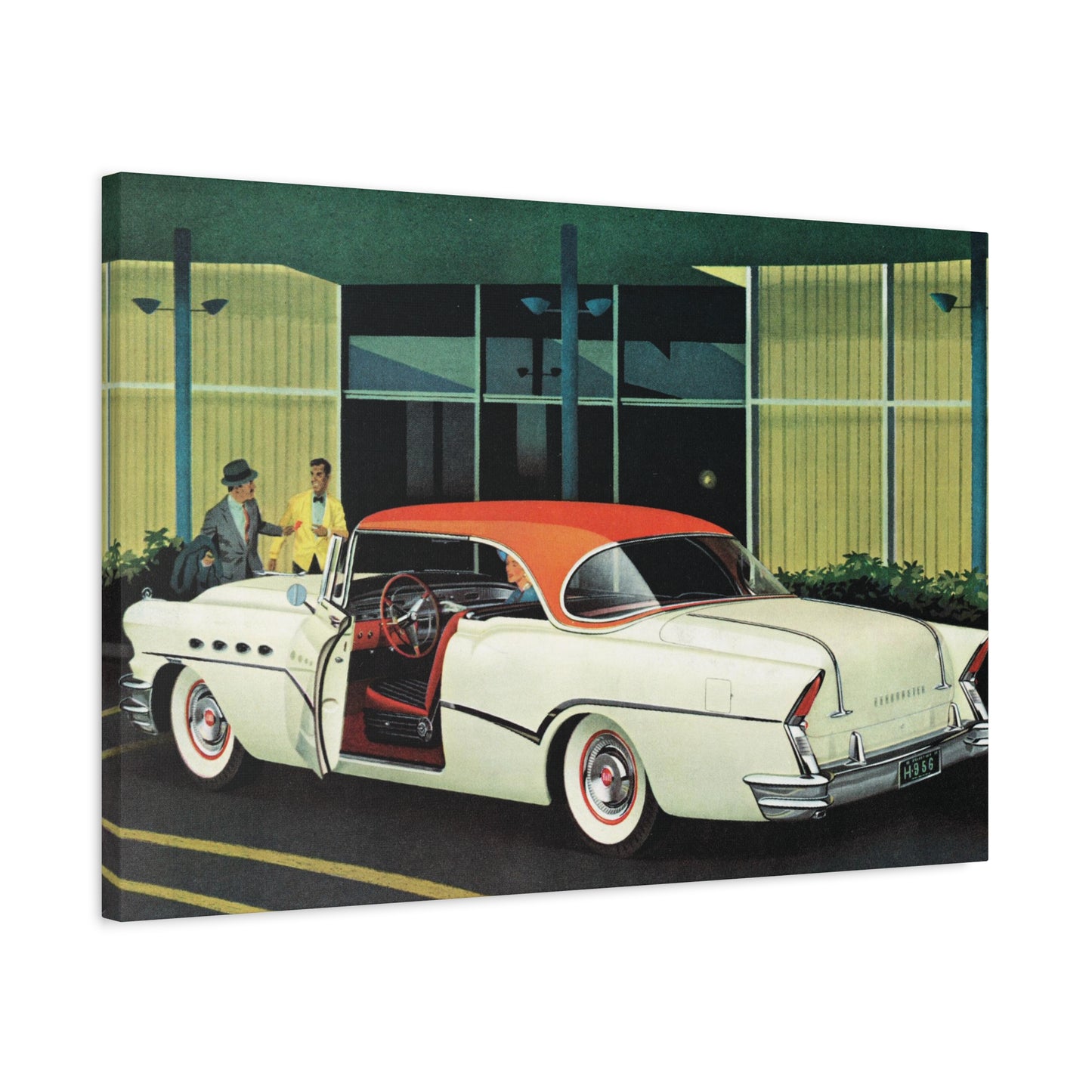 Classic two-tone car from the 1950s parked in front of a mid-century modern building with two men talking.