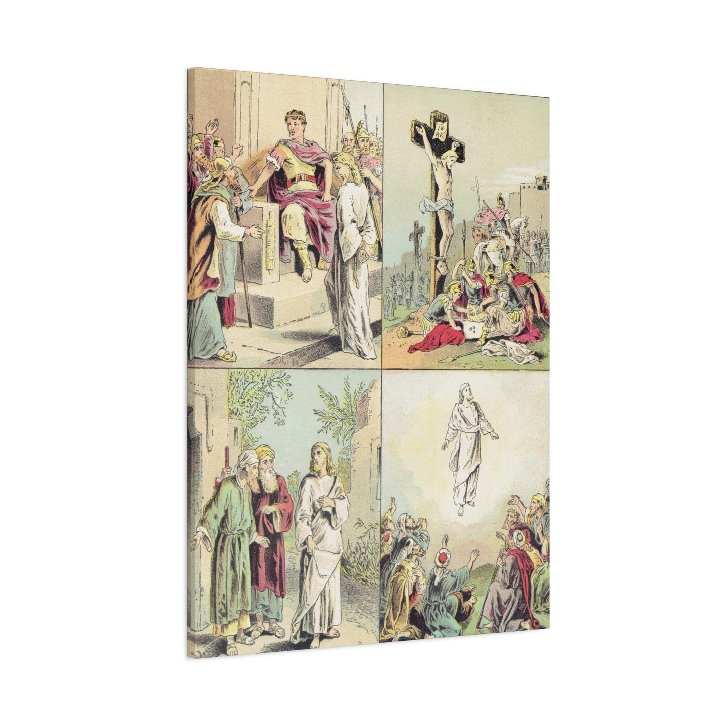 Series of images depicting key moments from the life of Jesus Christ, including His trial, crucifixion, resurrection, and Ascension.