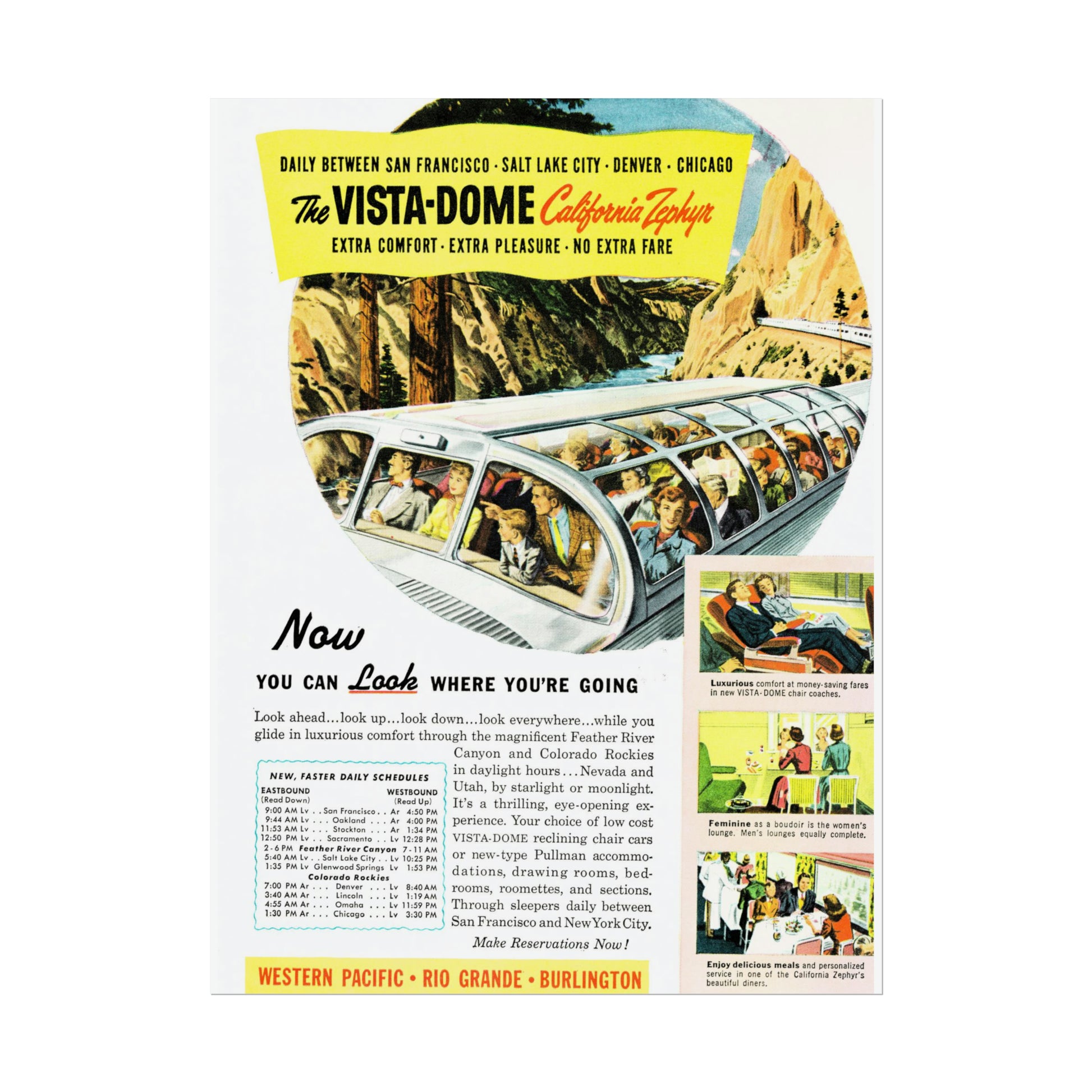 Vintage travel poster of Vista-Dome California Zephyr train with passengers enjoying panoramic views, route details, and promotional text.