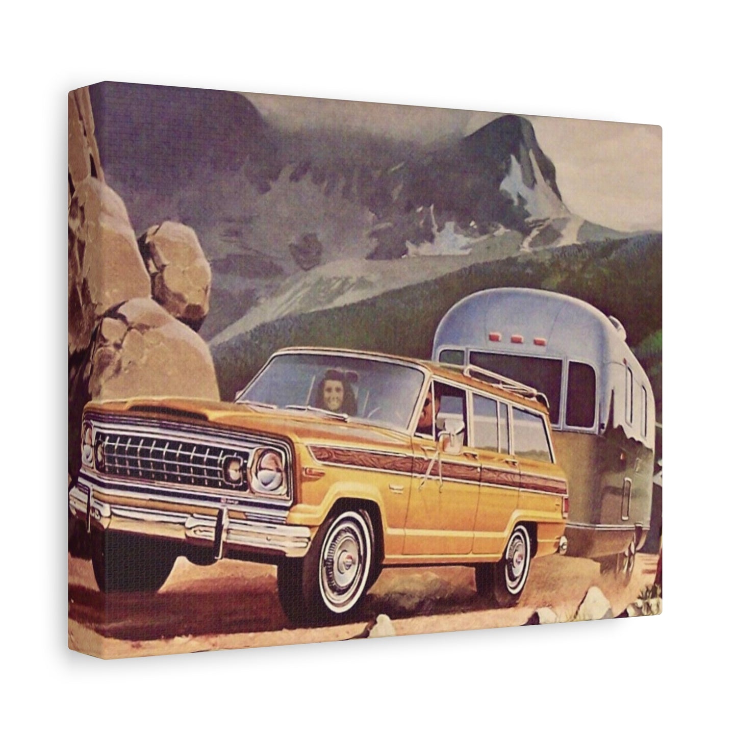 Vintage Jeep towing a travel trailer on a mountain road, with rugged terrain in the backdrop