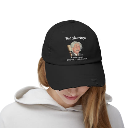 "Bad Hair Day" Einstein Distressed Cap - Humorous Cotton Twill Hat in Black or Stone