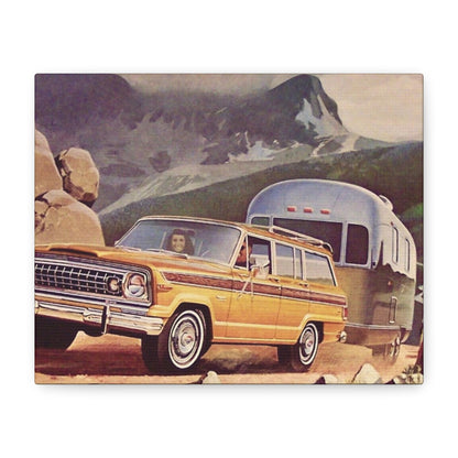 Vintage Jeep towing a travel trailer on a mountain road, with rugged terrain in the backdrop