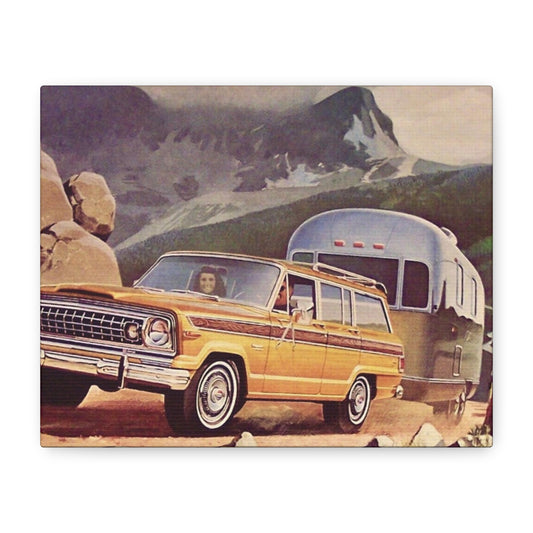 Vintage Jeep towing a travel trailer on a mountain road, with rugged terrain in the backdrop