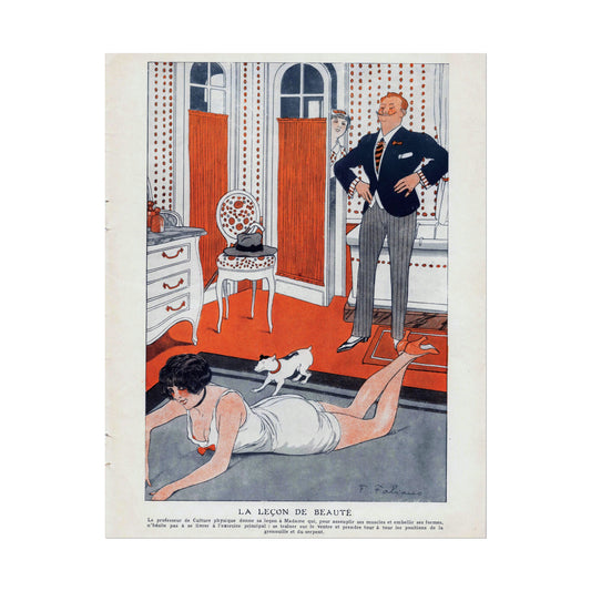 A vintage French poster depicting a physical culture lesson, with a woman exercising on the floor and a man in a suit watching over. The room is adorned with red and white polka dot curtains and a matching chair, and a playful white dog is also present. The scene is captured in an illustration style characteristic of early 20th-century France, and the image is completed with French text explaining the beauty lesson and the artist's signature, F. Fabiano.