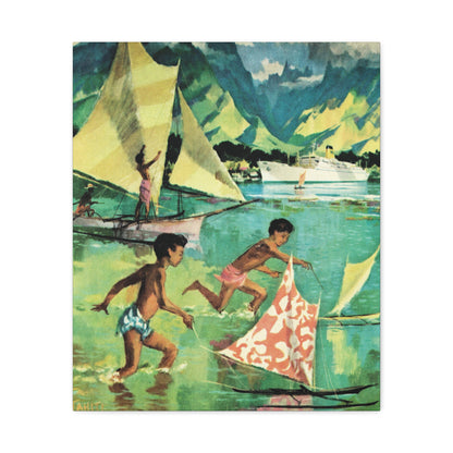 Tahitian children playing and sailing on traditional boats with a mountainous backdrop.