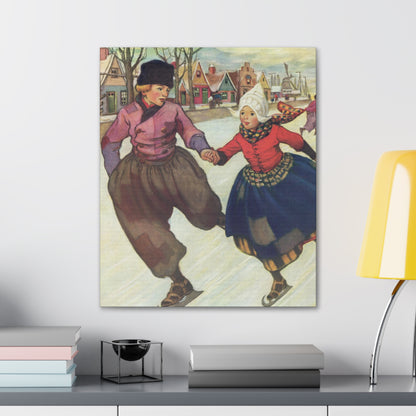 Hans and Gretel Ice Skating Canvas Print - Vintage Dutch Winter Scene Wall Art-CropsyPix