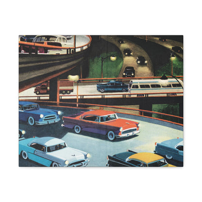 Illustration of a multi-level highway interchange with various vintage cars and a scenic background.