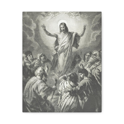 Engraved-style image depicting the Ascension of Jesus Christ with apostles gazing upwards as He rises into the clouds.