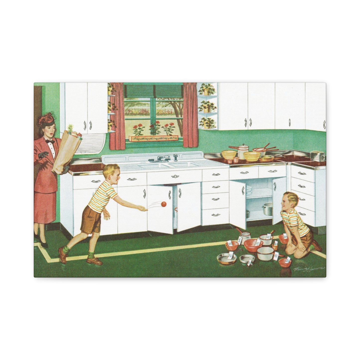 Vintage advertisement canvas of a Youngstown Kitchen with white-enamel steel cabinets, a surprised woman, and children playing.