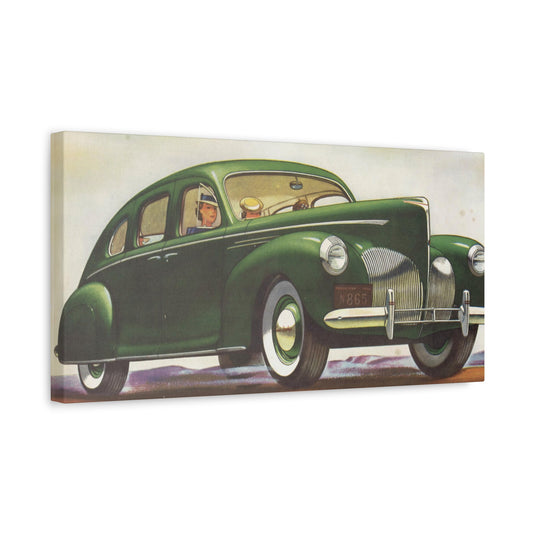 Illustration of a green classic car from the side view, showcasing its sleek design and vintage appeal.