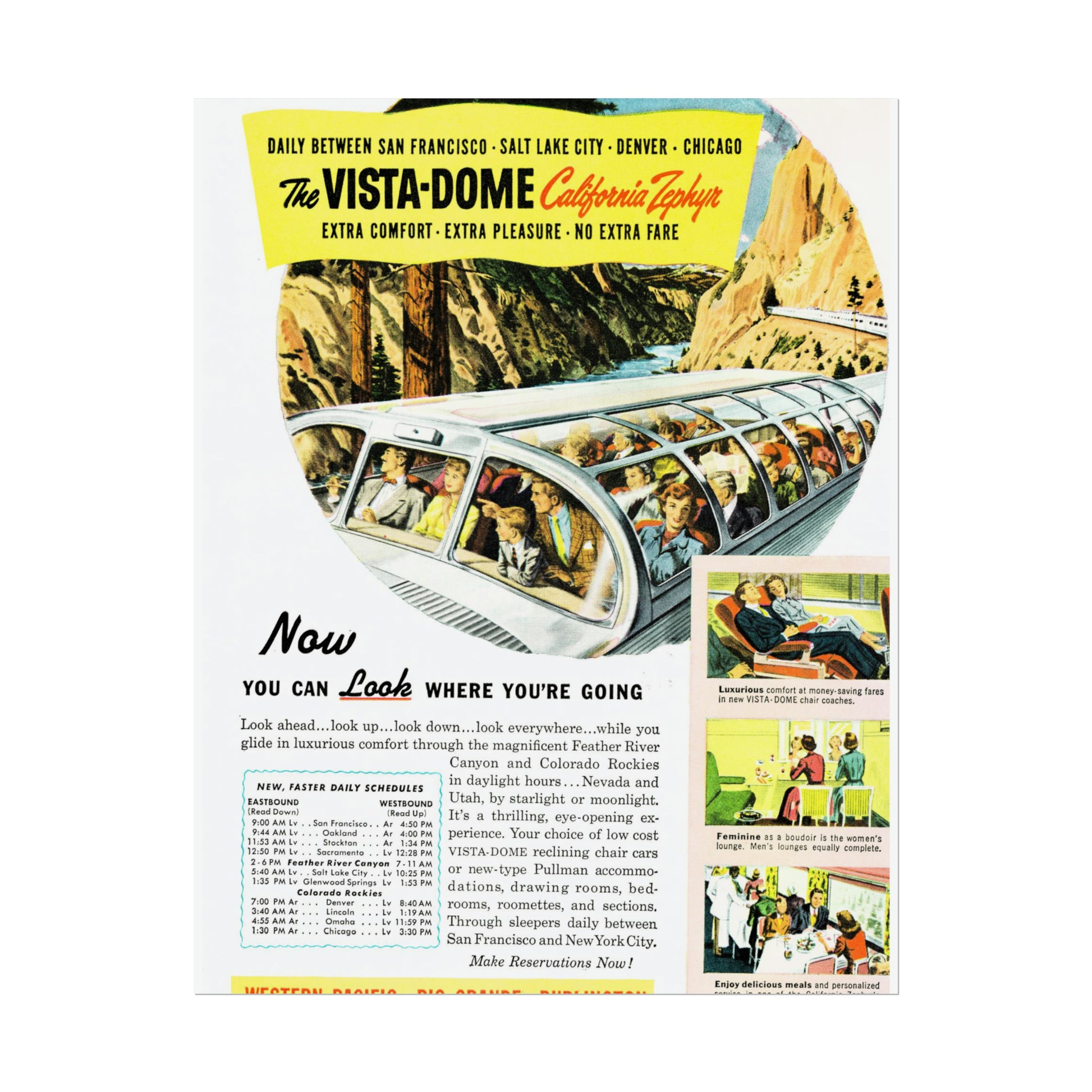 Vintage travel poster of Vista-Dome California Zephyr train with passengers enjoying panoramic views, route details, and promotional text.