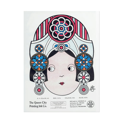 1920 Queen City Printing Ink - Art Nouveau Inspired Stylized Woman Portrait with Geometric Design Vintage Ad Poster Print-CropsyPix