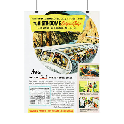 Vintage travel poster of Vista-Dome California Zephyr train with passengers enjoying panoramic views, route details, and promotional text.