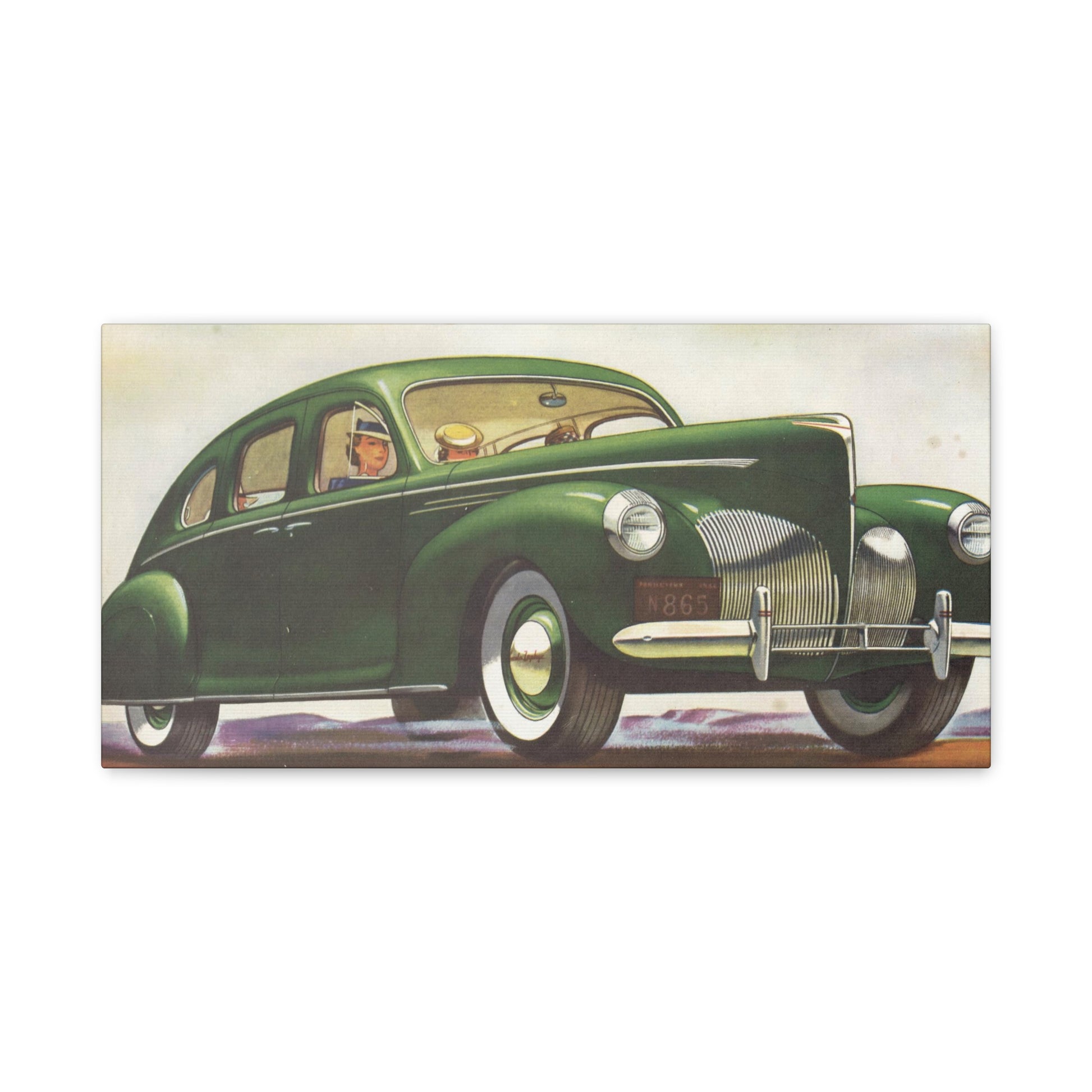 Illustration of a green classic car from the side view, showcasing its sleek design and vintage appeal.