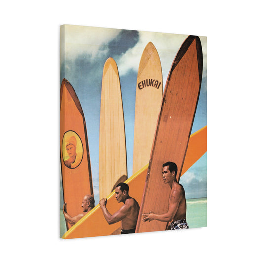 Vintage surfboards with native Hawaiian surfers against a beach and sky backdrop, evoking classic surf culture.