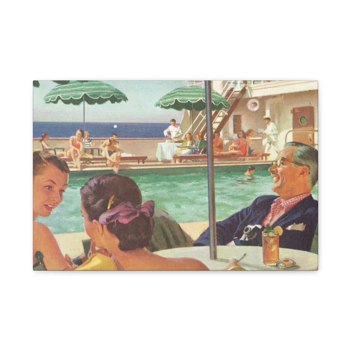 Vintage illustration of people enjoying leisure time on a cruise ship deck with a pool and ocean view.