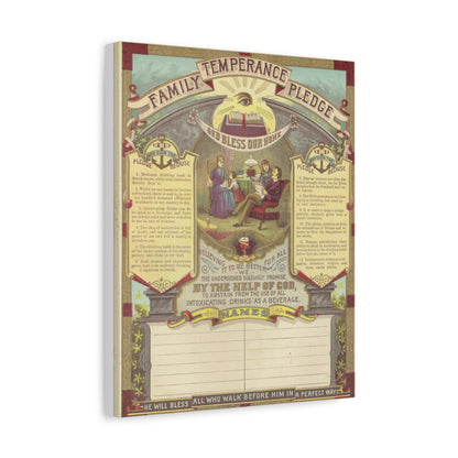  Colorful illustration of the Family Temperance Pledge with text and imagery promoting sobriety, including a family at tea and Christian symbolism.