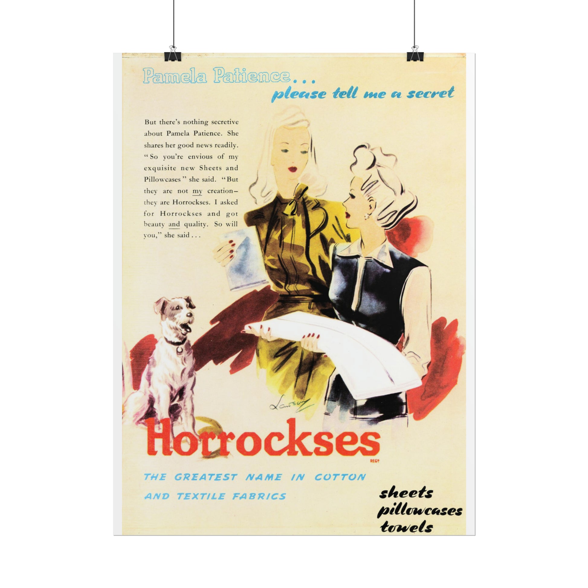 Horrockses Cotton and Textiles: Whispered Secrets Vintage Poster from 1946 - Classic Cotton Comforts Advertising Print, Classic Fashion & Style Wall Art-CropsyPix